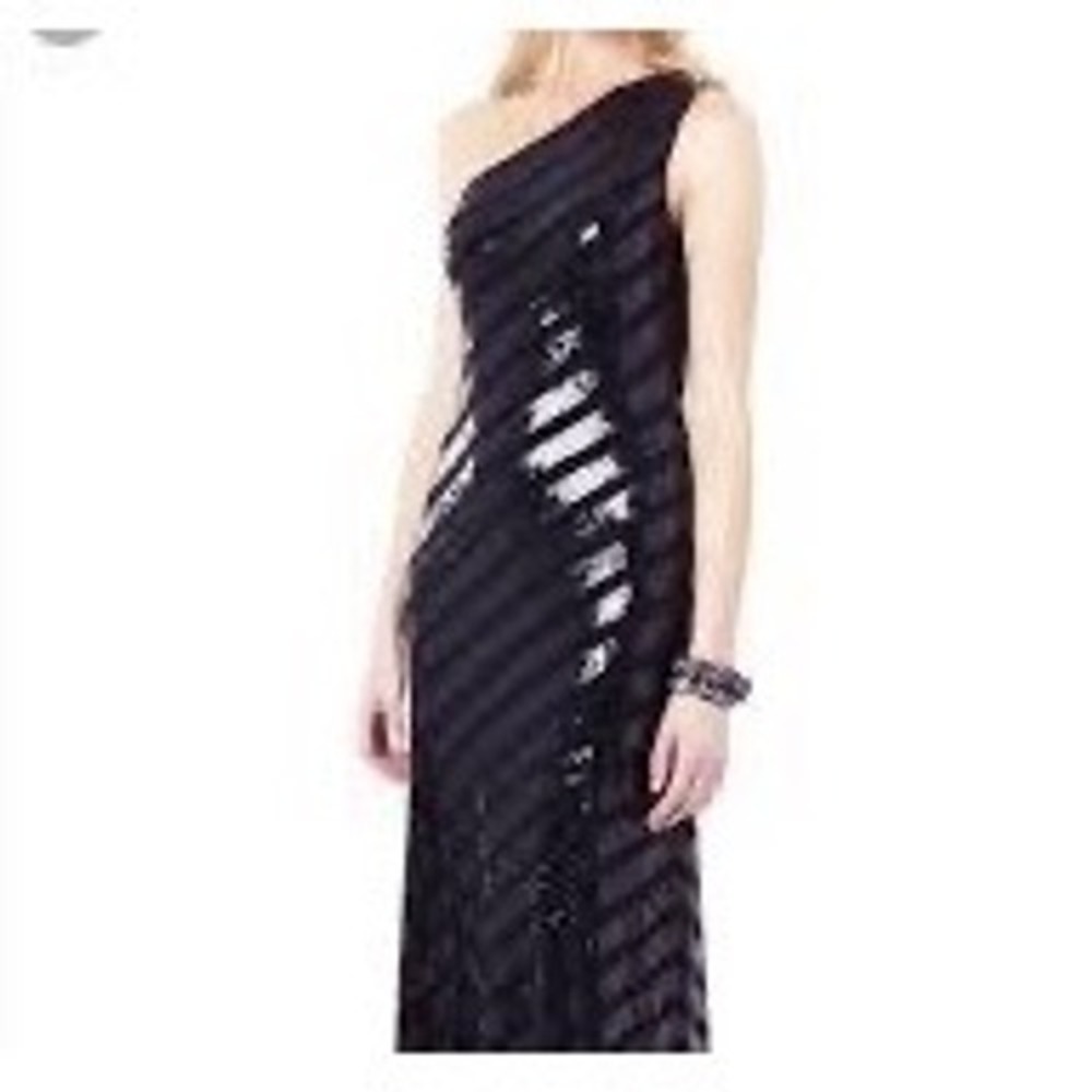 DAVID MEISTER Black Sequin 1 Shoulder Black Tie Formal Evening Maxi Dress Size 8